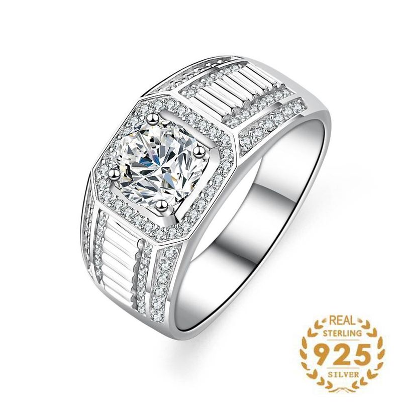 Mens Moissanite Wedding Band One Carat 5A Cubic Zirconia Sterling Silver Ring for Men Promise Rings for Him Gift _voghion.com