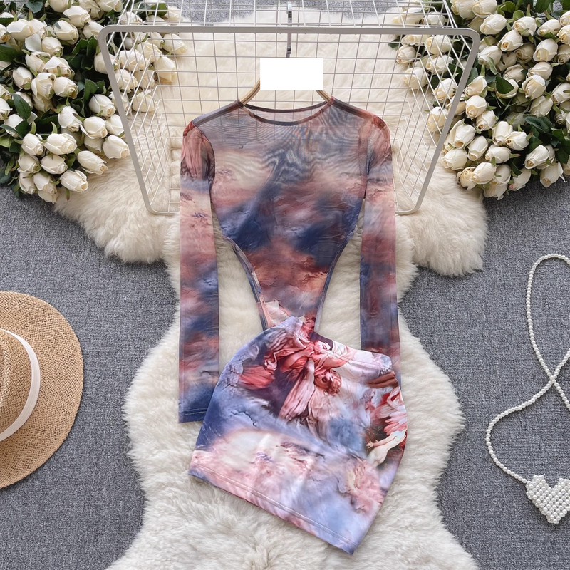 Combinaison moulante en mousseline de soie à manches longues pour femmes, style pur désir + jupe courte taille haute pour filles chaudes, costume deux pièces pour femmes, été_voghion.com