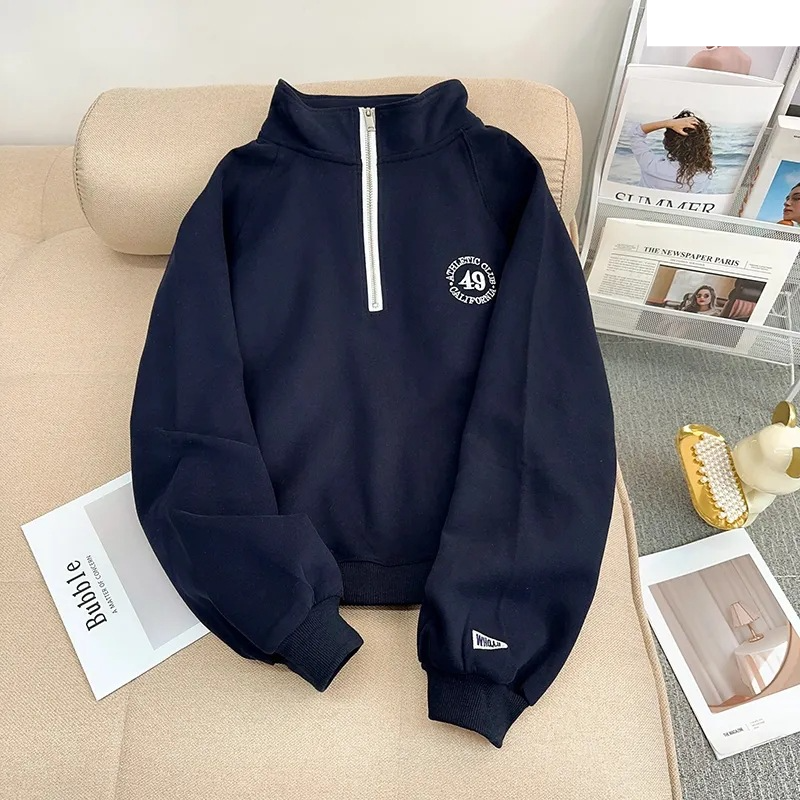Vêtements pour femmes, design rétro, broderie, demi-fermeture éclair, col montant, pull femme, automne et hiver, plus velours épais, pull à manches longues_voghion.com
