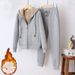 Women's Clothing Plush and thickened solid color slim long sleeved hooded cardigan jacket sweatpants two piece set_voghion.com