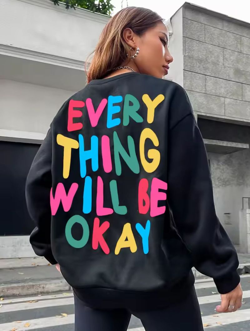 Mode Dames Sweatshirt Alles Zal Goed Zijn Letter Bedrukte Trui Losse Warme Ronde Hals Hoodies Casual Dameskleding_voghion.com