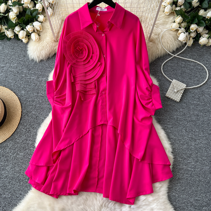 Damenbekleidung 1 Sense Polokragenshirt Damen Herbst Dreidimensionale Blume Lose Unregelmäßige Faltenschwanz-Design Top_voghion.com