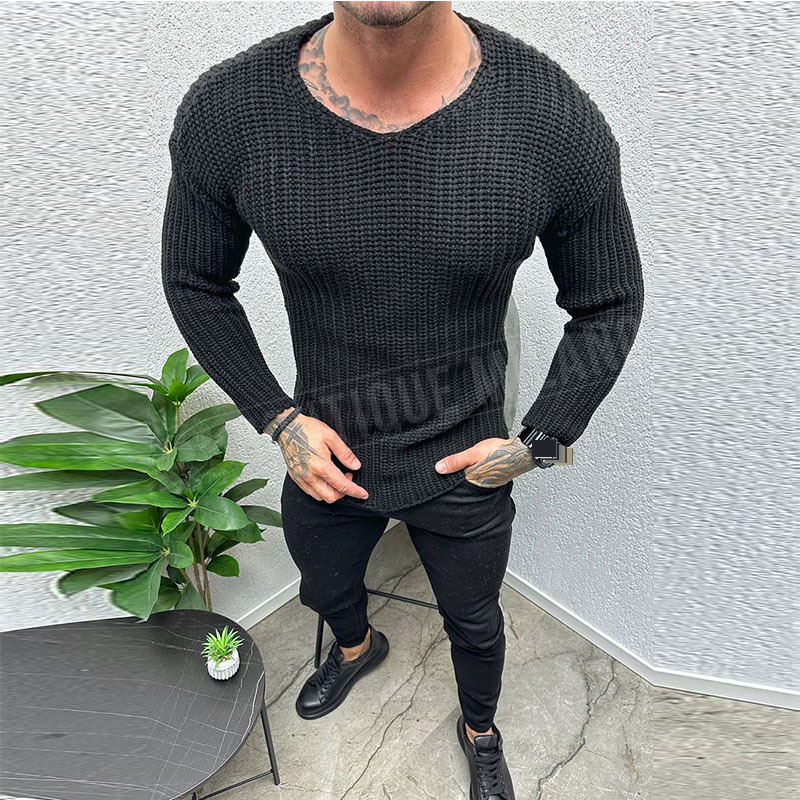 Autumn And Winter Solid Color Simple Slim Long Sleeved Round Neck Pullover Sweater Men Wholesale_voghion.com