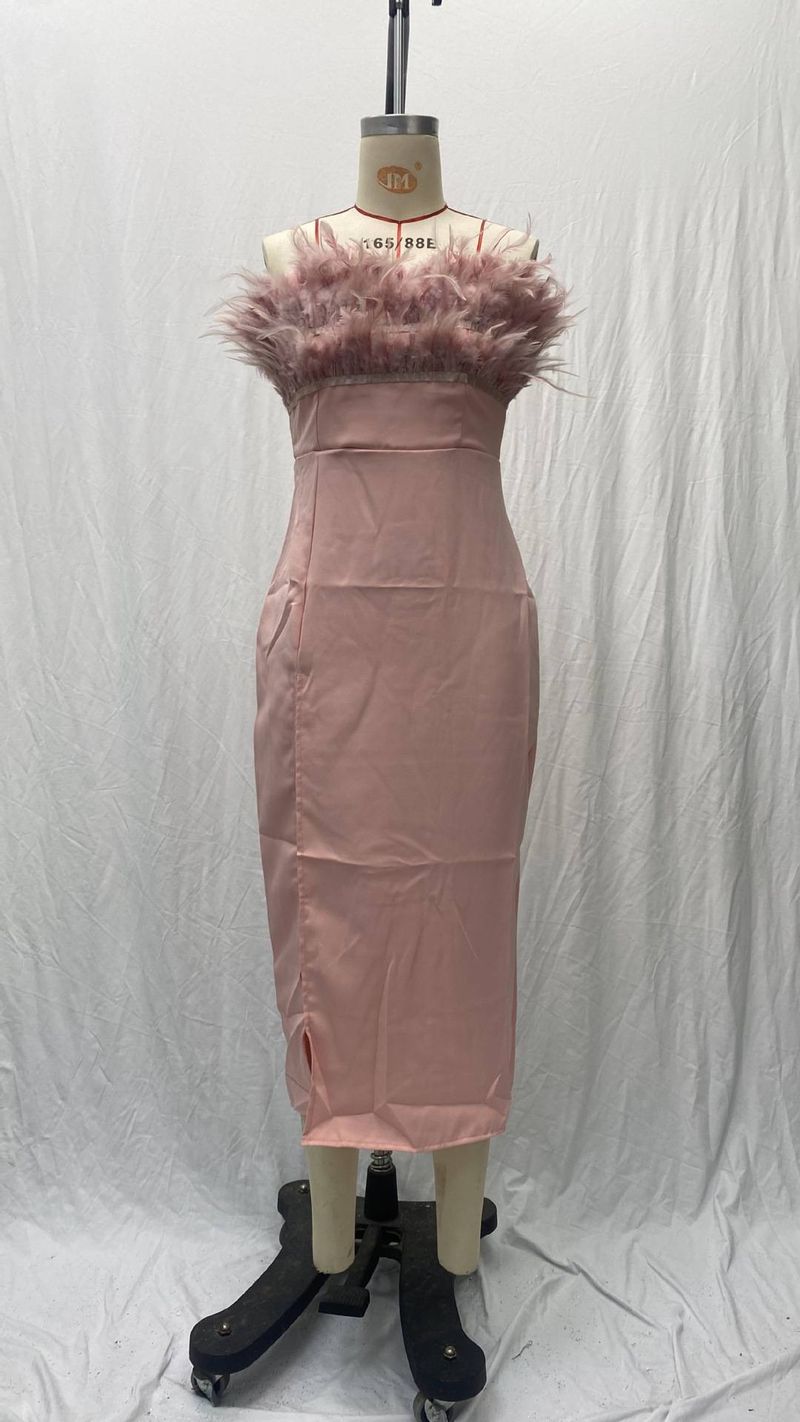 Women's Clothing Suspender Feather Dress Banquet Slim Temperament Slimming Arm Dress_voghion.com