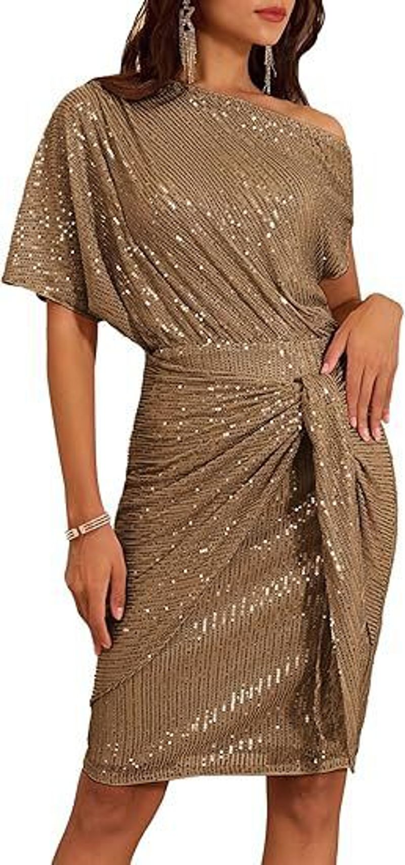 Abito da festa scintillante con scollo a V e una spalla, da donna, alla moda, modello 2025_voghion.com