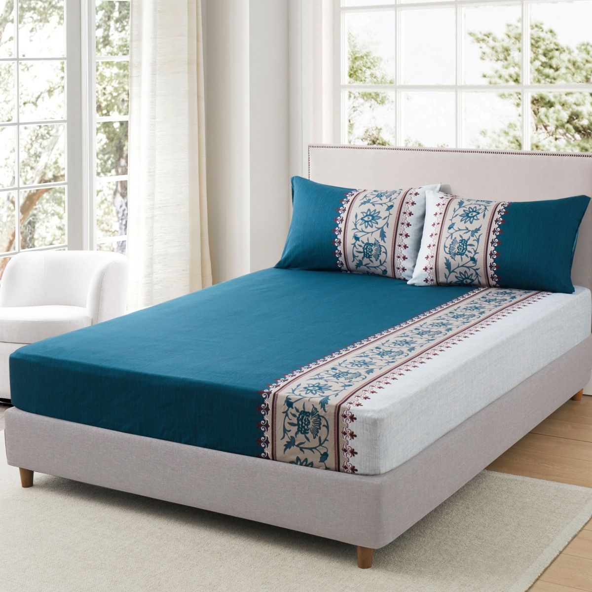 Blue Floral Bohemian Fitted Sheet Polyester Skin Friendly Bed Fitted Sheet Mattress Protector Fitted Sheet_voghion.com