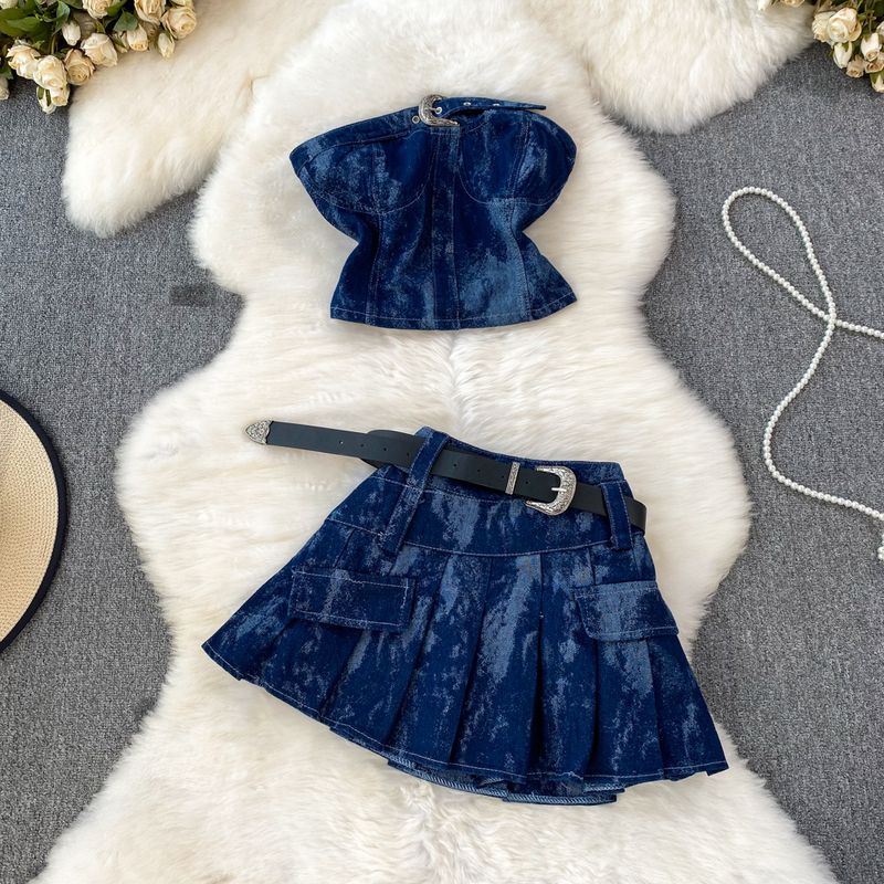 Abbigliamento da donna Abito alla moda per donna hot girl tubolare top in denim abito a due pezzi, vita alta, dimagrante, minigonna a pieghe a trapezio_voghion.com