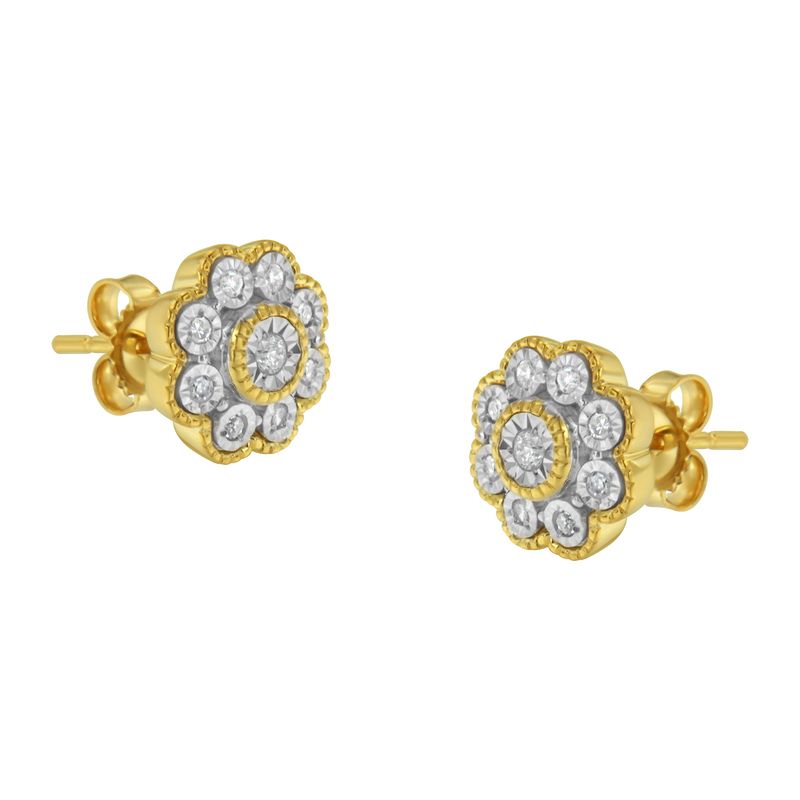 14K Yellow Gold Plated .925 Sterling Silver 1/6 Cttw Miracle-Plate Set Diamond Floral Stud Earrings (I-J Color, I2-I3 Clarity)_voghion.com