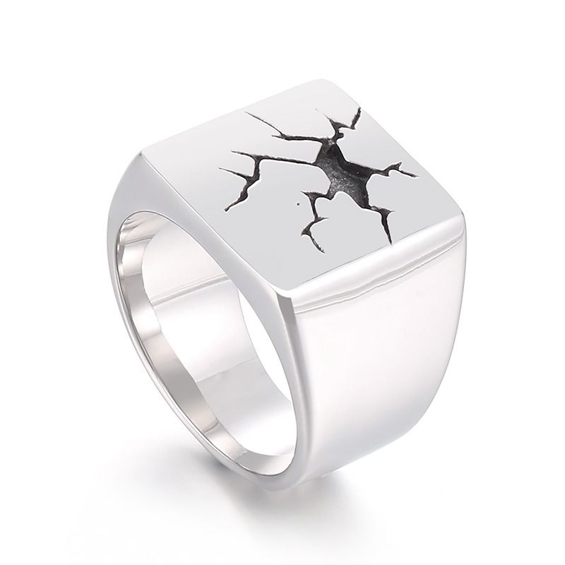 Anello da uomo in acciaio inossidabile con faccia larga, design semplice e personale, con faccia rotonda e crepa nera._voghion.com