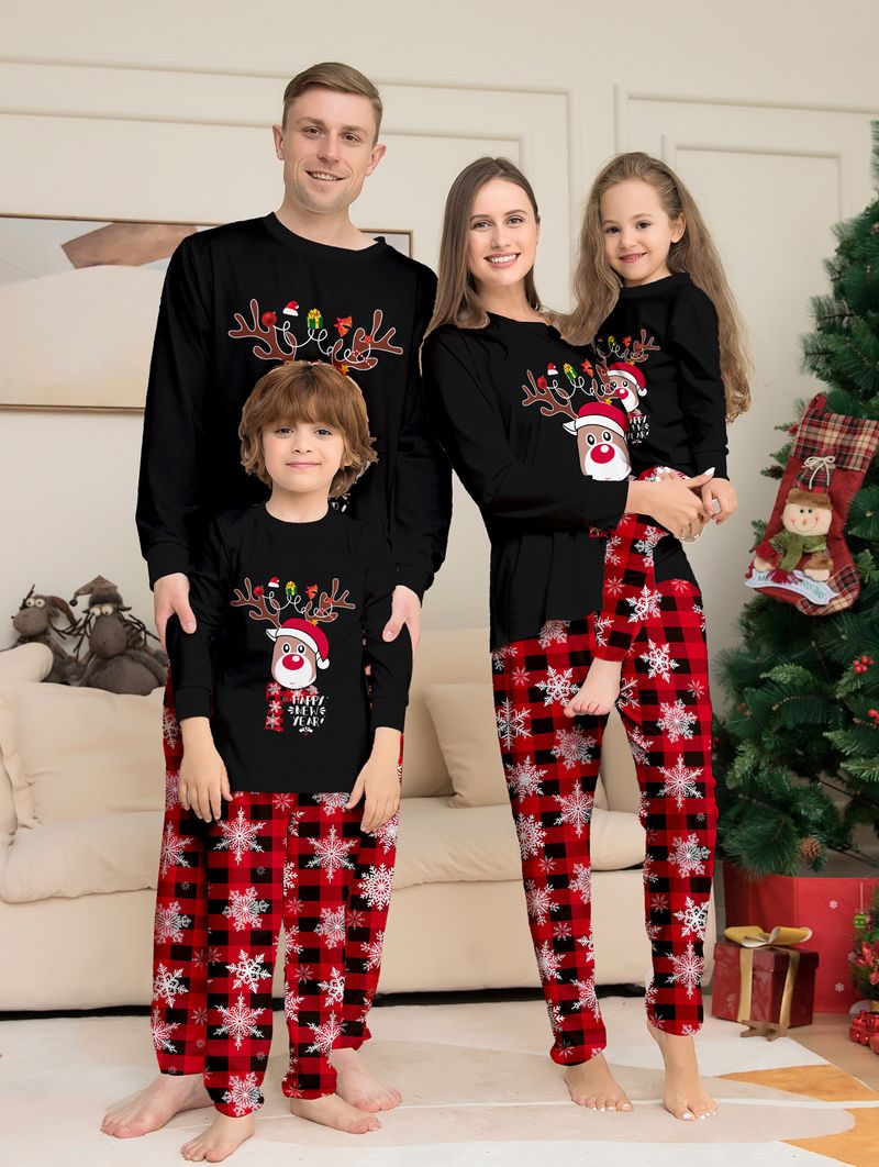 Jule-Fawn snøfnugg rutete familie juletrykk hjemmedresssett_voghion.com