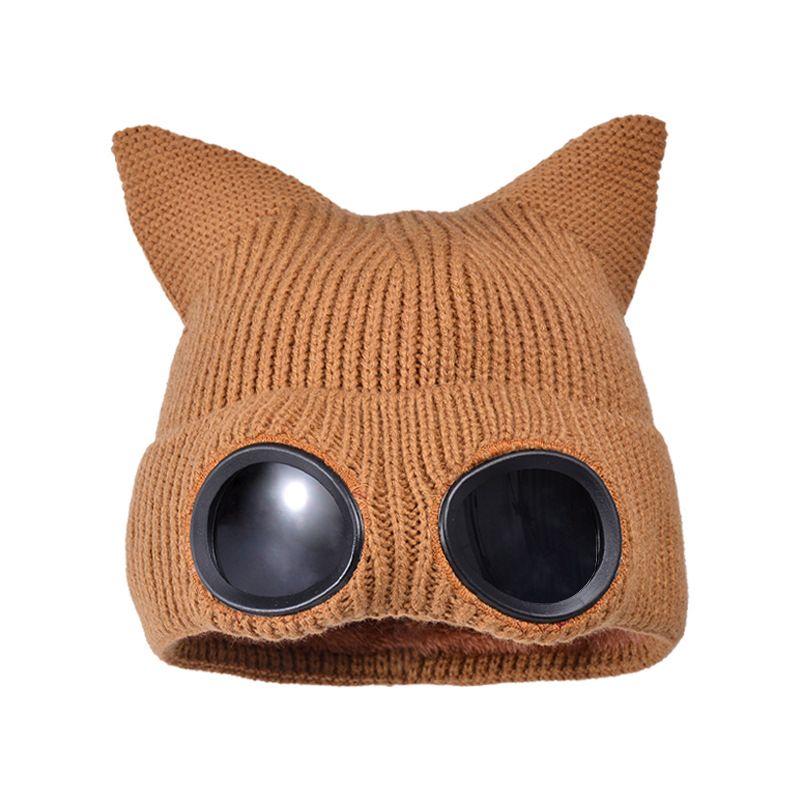 New winter windproof glasses hat fashionable cute cat ears knitted hat outdoor ski pullover hat_voghion.com