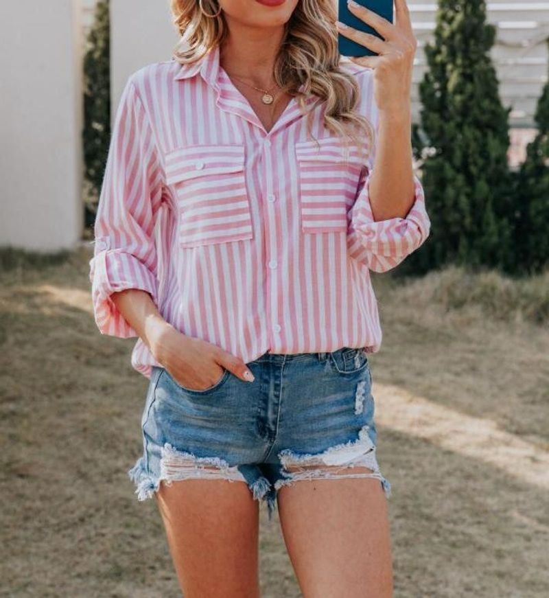 Gestreiftes Langarmhemd aus Leinen-Baumwolle für Damen – Locker geschnittenes Button-Down-Oberteil für Frühling und Sommer_voghion.com
