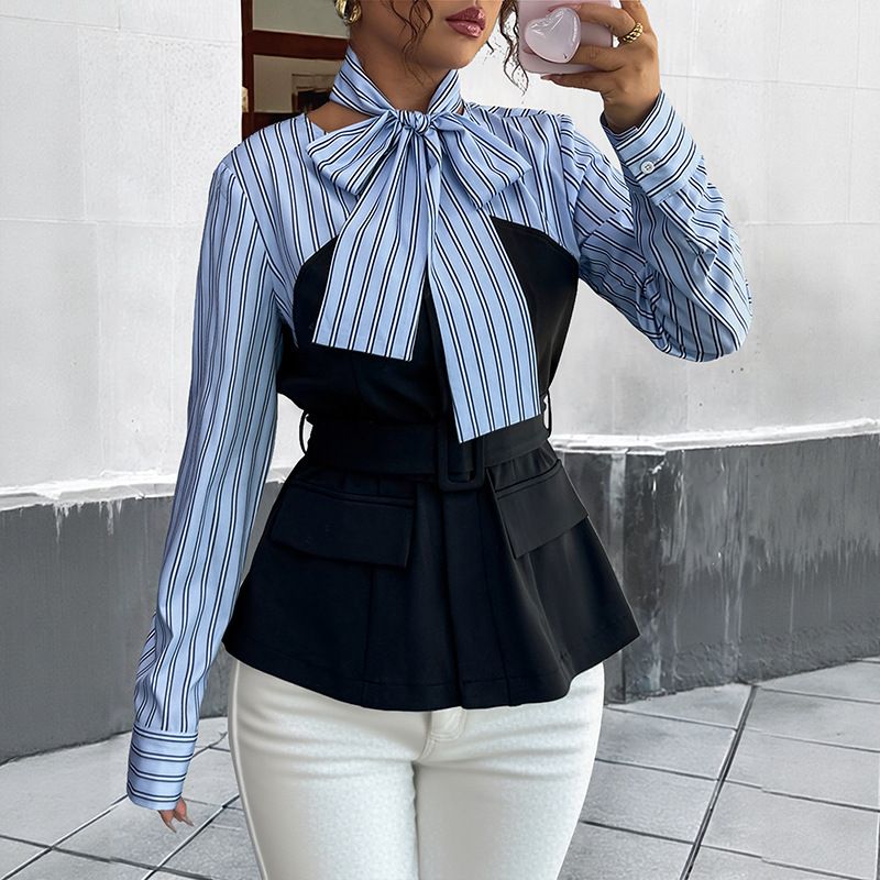 Elegante, gestreifte Bluse im Zweiteiler-Look – Bürobluse aus Polyester-Spandex-Mischgewebe mit Schößchensaum (S/M/L/XL, Langarm, Rundhalsausschnitt, taillierte Passform)_voghion.com
