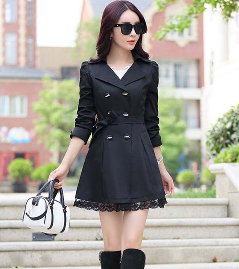 Spring And Autumn New Korean Version Slim Fit Sleeved Solid Color Lace Medium Long Windbreaker Women's Spring Style_voghion.com