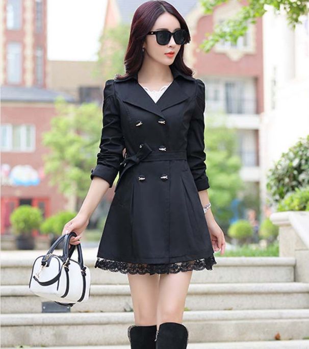 Spring And Autumn New Korean Version Slim Fit Sleeved Solid Color Lace Medium Long Windbreaker Women's Spring Style_voghion.com