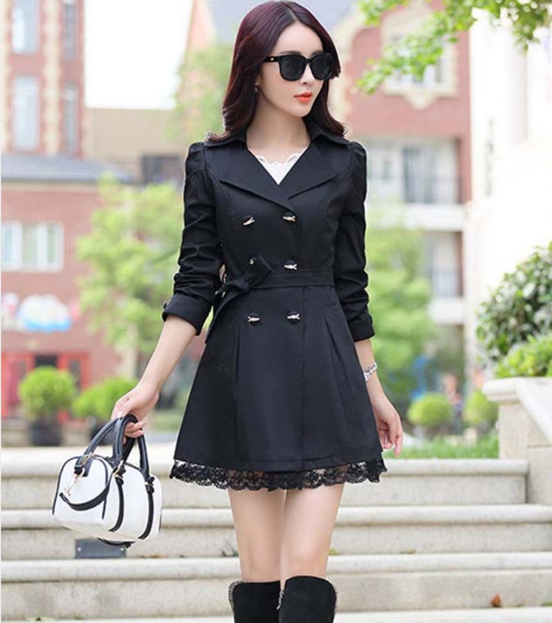 Frühling und Herbst Neue Koreanische Version Slim Fit Ärmel Einfarbig Spitze Mittel Lange Windjacke Damen Frühling Stil_voghion.com