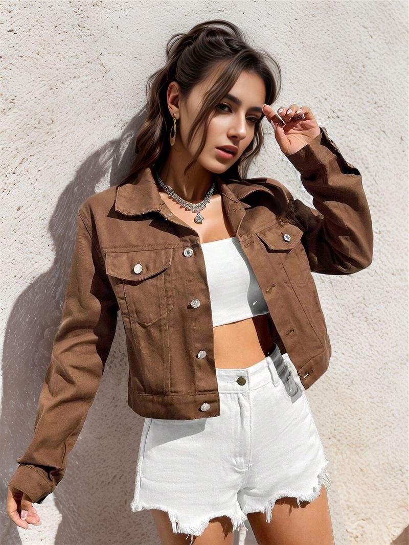 ​​Women's Denim Jacket Short Sleeve Casual Cropped Coat Fashionable Streetwear For Spring & Summer​​_voghion.com