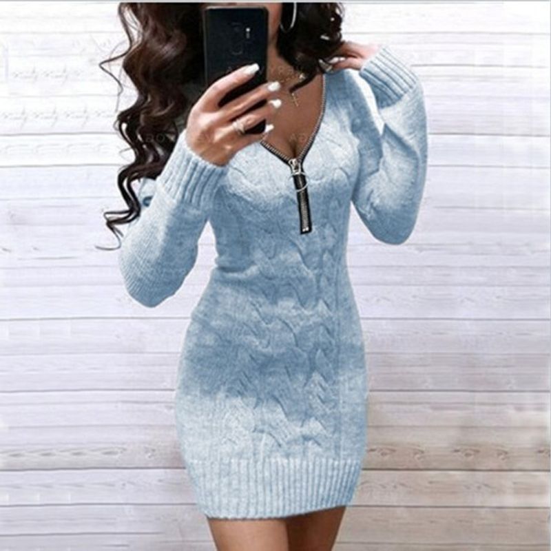 Pull mi-long à col en V et fermeture éclair pour femme_voghion.com