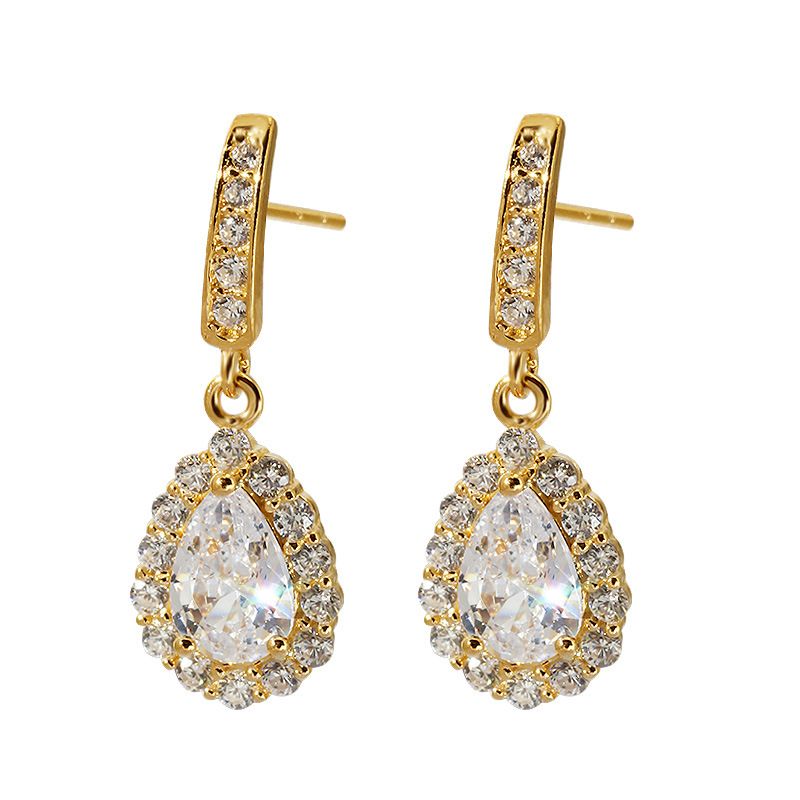 Sterling silver drop Zircon stud earrings electroplated gold-plated diamond-embedded earrings niche all-match_voghion.com