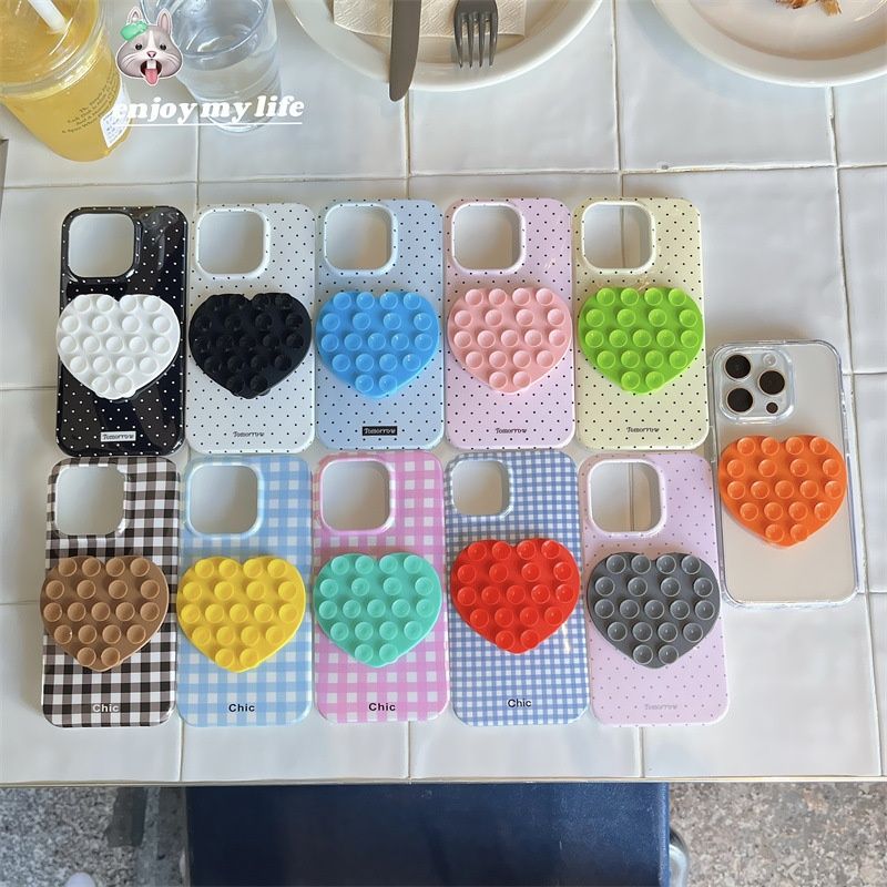 Korean Style Polka Dot Heart Suction Cup Compatible With IP 16 15 Pro Max/14/13 Phone Case Simple Niche_voghion.com