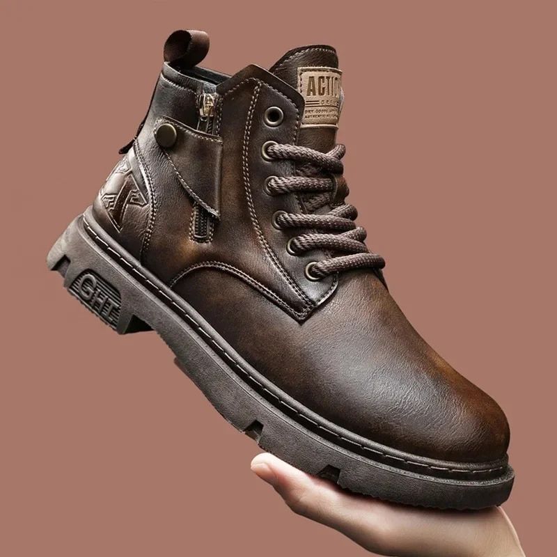 Bota de motociclista masculina inverno ao ar livre motocicleta estilo retrô botas de couro homem cano alto sapatos casuais modernos all-match_voghion.com