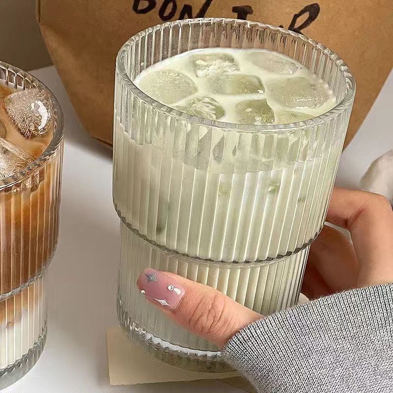 Striped Glass Coffee Cup With Lid & Straw - 12oz Reusable Drinking Glass For Hot/Cold Beverages (Iced Latte Milk Juice Dishwasher Safe)​_voghion.com