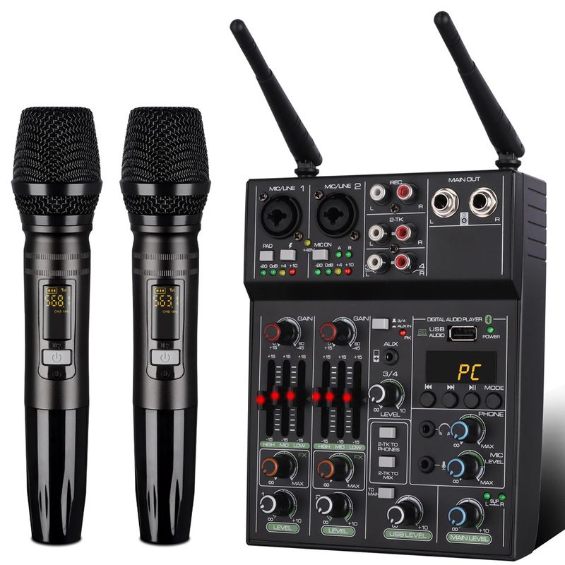 4 Channel USB Audio Mixer with Wireless Microphone Studio Sound Mixers with Bluetooth REC DJ Console Mixing for Karaoke_voghion.com
