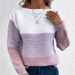 Women's Long Sleeve Knit Sweater With Color Block Design, Round Neck, Loose Fit, Thick Warm Pullover For Casual Wear_voghion.com