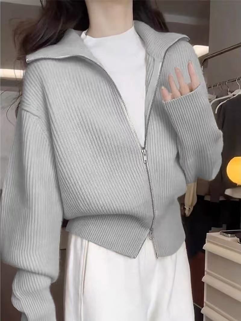 Cardigan in maglia con doppia cerniera – Cappotto oversize con colletto (vestibilità comoda, tinta unita bianco/grigio/nero/rosso, essenziale per il lavoro e il weekend)_voghion.com