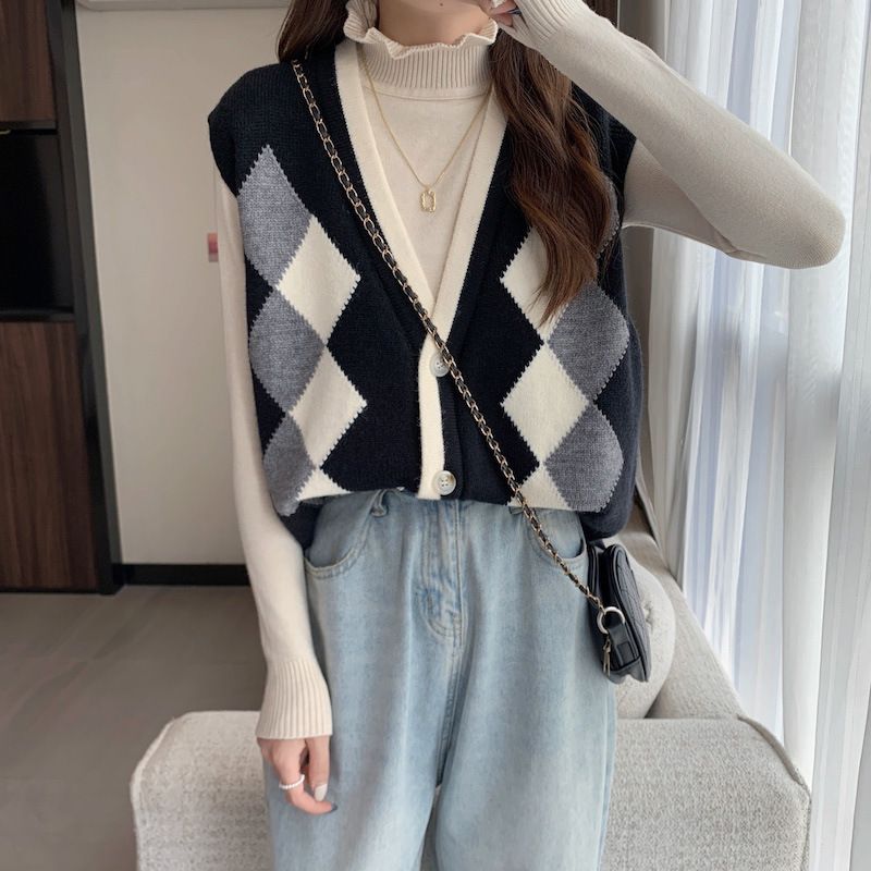 Damenbekleidung Herbst neue lose Damenbekleidung V-Ausschnitt ärmellose Strickjacke Retro Diamant gestrickte Pullover Weste Weste für Frauen_voghion.com