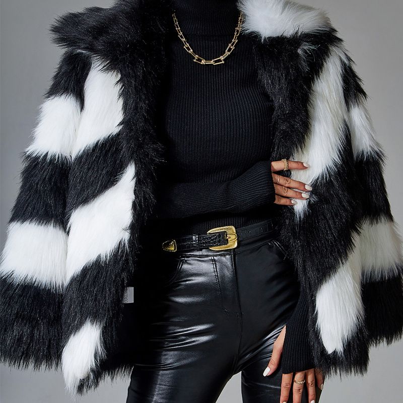 Women's faux fur fox fur coat spliced double black long-sleeved runway lapel fur coat_voghion.com
