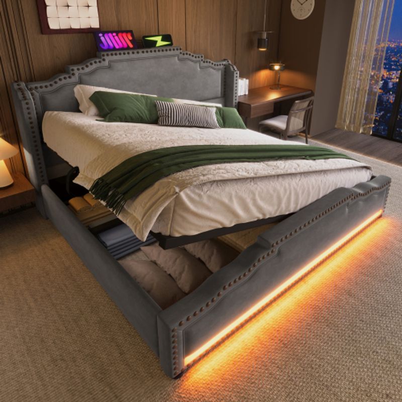 Polsterbett 140x200, Doppio Con Stauraum Hydraulischem, LED-Beleuchtung E USB-C-Ladeanschluss, Stauraumbett E Jugendbett Con Lattenrost, Samt, Grau, Ohne Matratze_voghion.com