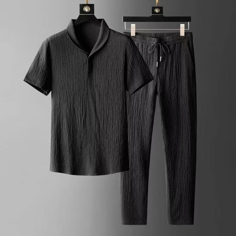 Herenkleding 24 Zomer Ultradun Half Mouw IJs Zijde Linnen Pak Heren Katoen en Linnen Tweedelig Pak_voghion.com