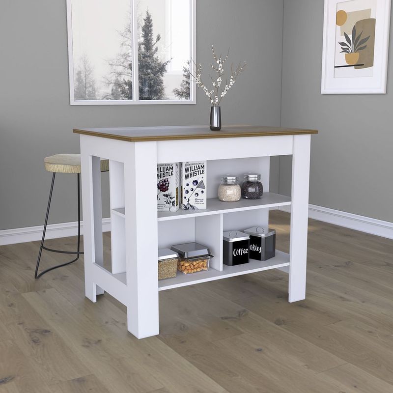 Kitchen Island Dozza, Three Shelves, White / Walnut Finish_voghion.com