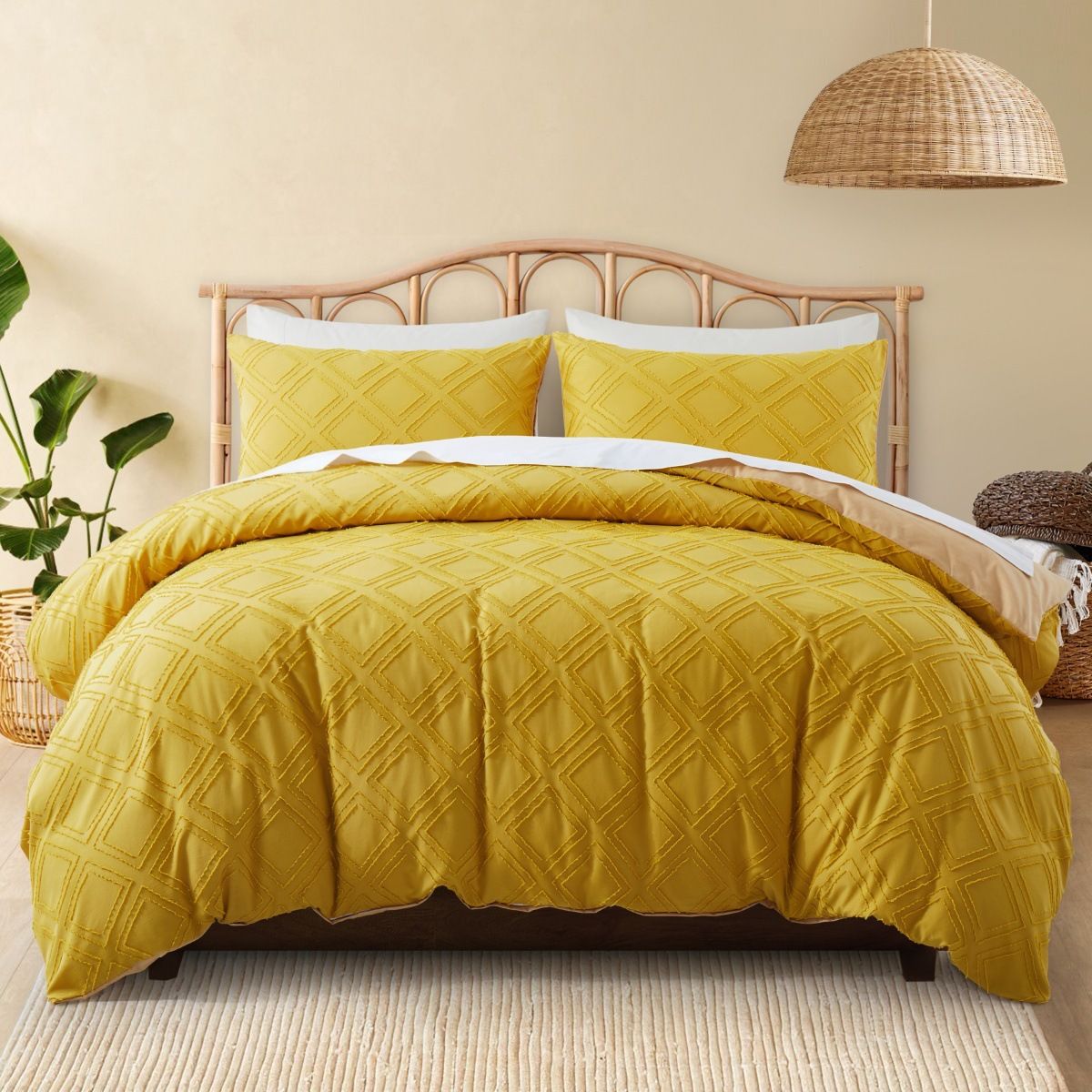 Modern Geometric Jacquard Duvet Cover Set - Soft Brushed Polyester, Yellow Diamond Pattern, Fits Twin/Full/Queen/King_voghion.com