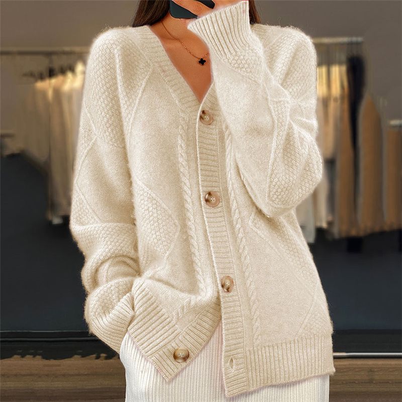 Damen-Strickjacke, einfarbig, langärmelig, V-Ausschnitt, einreihiger Jacquard-Pullovermantel_voghion.com