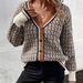 Elegant V-neck Houndstooth Knit Cardigan For Women - Soft Wool Blend Loose Fit Long Sleeve Open Front Sweater For Autumn Winter_voghion.com