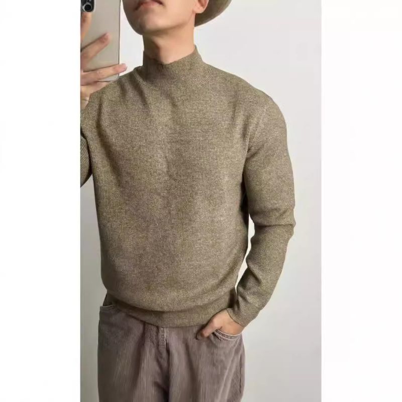 Hue Hue Hue Europese stijl halflange coltrui met kerngesponnen garen, gebreide trui voor gespierde mannen, stoere kerel, slim fit, lange mouwen, middellange hals_voghion.com