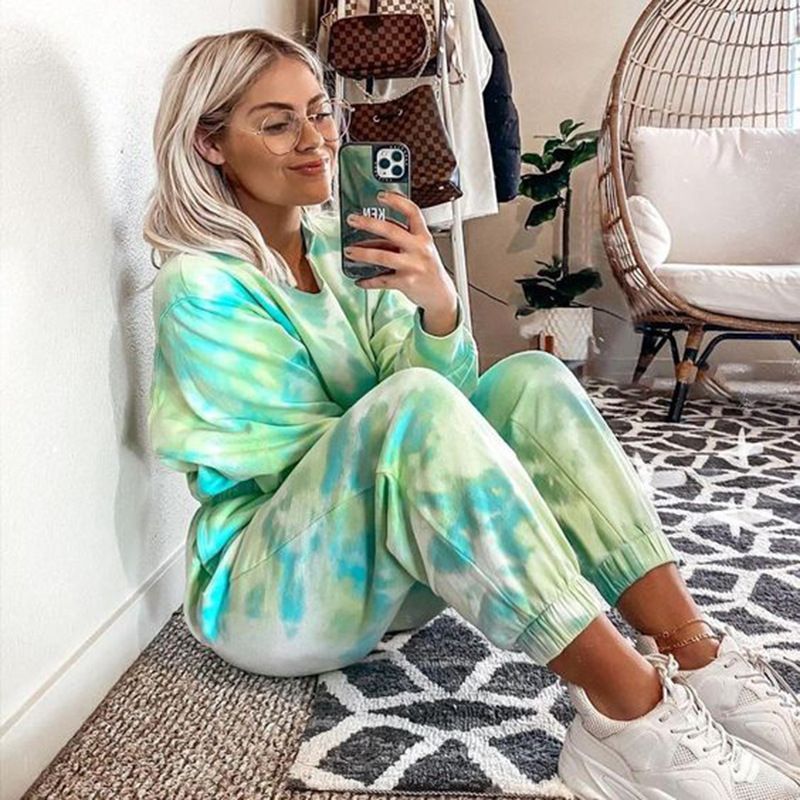 Autumn And Winter New Women's Long Sleeve Printed Tie-Dye Pajamas Homewear Set For Women_voghion.com
