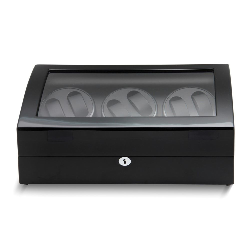 Rotations High Gloss Black Finish With Acrylic Window Leather Lined Locking Wooden 6-Watch Winder With 6-Watch Storage Area (AC Powered)_voghion.com