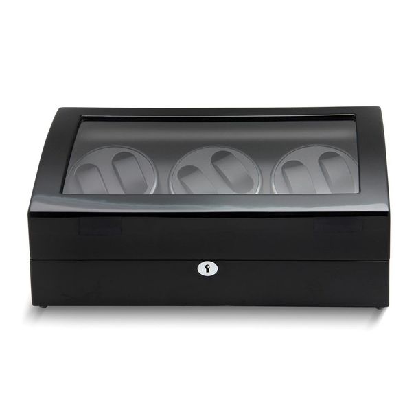 Rotations High Gloss Black Finish With Acrylic Window Leather Lined Locking Wooden 6-Watch Winder With 6-Watch Storage Area (AC Powered)_voghion.com
