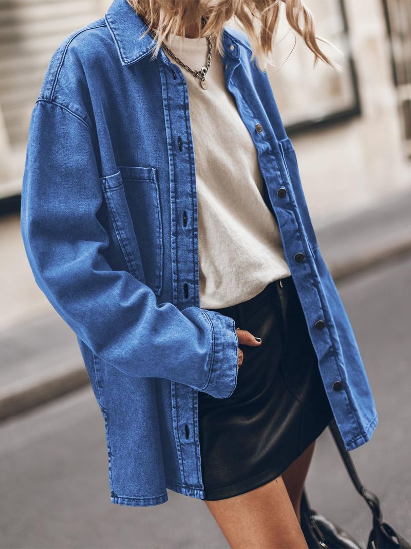 Damenbekleidung Revers Jeansjacke Blau Große Tasche Lockeres Freizeithemd_voghion.com