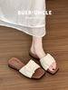 Cowhide Version~Square Toe Wrinkled Open-Toe Slide For Women Summer 2025 New Soft Leather Thick Sole Sandals_voghion.com