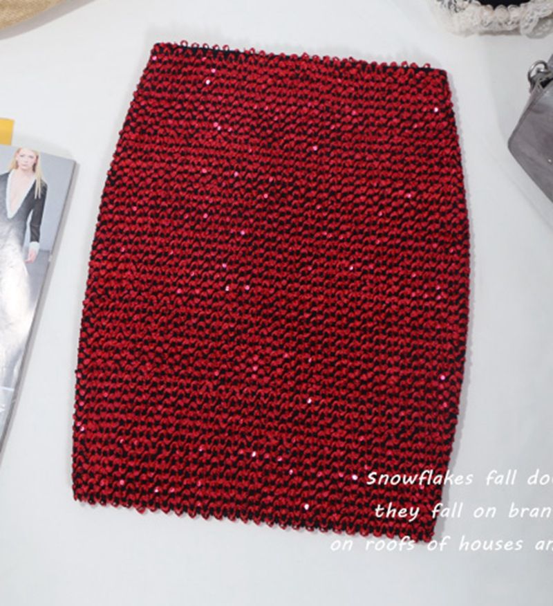 Gonna corta aderente elastica a vita alta con scollo a V, stile coreano chic, a squame di pesce, autunno inverno, Verve Sequin, per capodanno_voghion.com