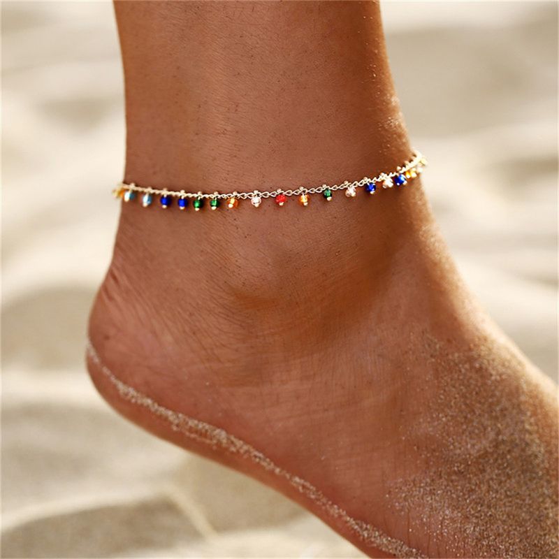 Cavigliera con ciondolo a nappa colorata, squisita perlina di riso in stile dorato, per donna, da spiaggia, per mani e piedi_voghion.com