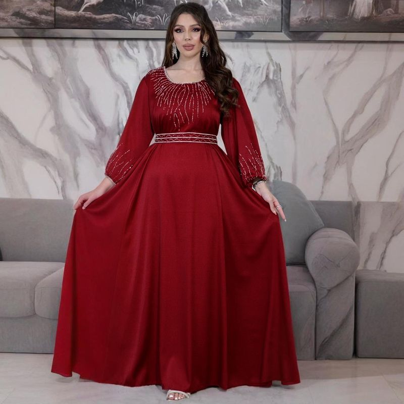 Rochie lungă cu centură cu diamante fierbinți pentru femei musulmane Rochie de seară Rochie lungă_voghion.com
