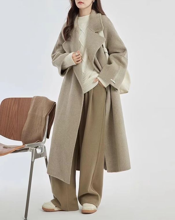 Premium Double-Faced Wool Coat For Women – Oversized Wrap Belt Trench Coat With Notched Collar (Ivory/Black/Camel/Red, S/M)_voghion.com