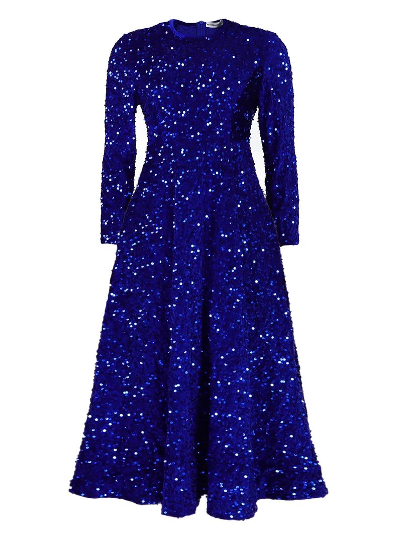 Grenzüberschreitende neue Damen-Rundhalsausschnitt, lange Ärmel, einfarbig, Pailletten, hohe Taille, Temperament, mittlere Länge, Kleid, europäisches und amerikanisches Kleid_voghion.com