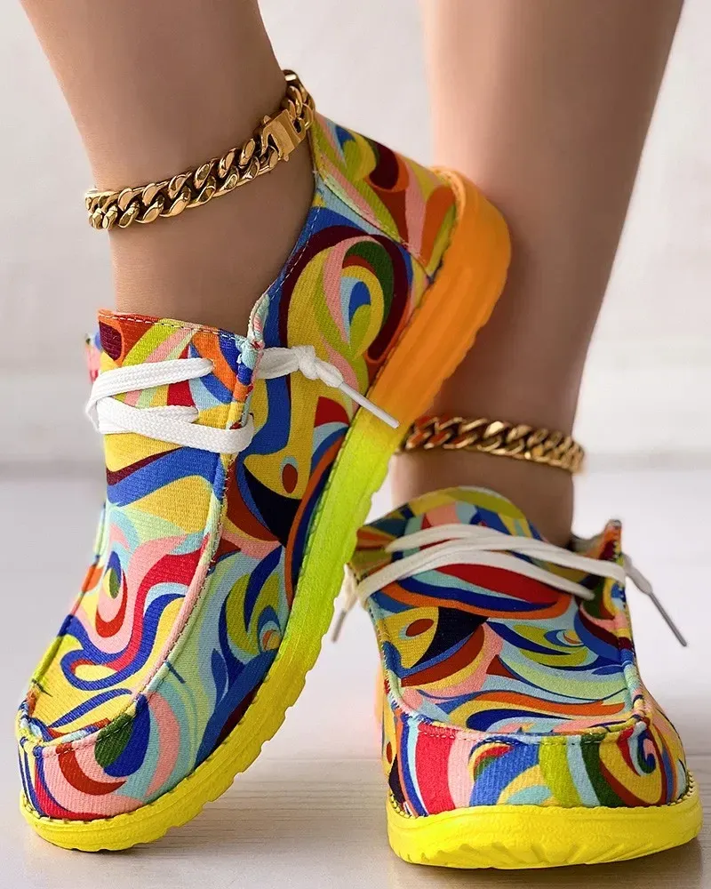 Loafe Women Ethnic Φθινοπωρινός καμβάς Rainbow Νέα Casual Daily Γυναικεία Flat παπούτσια Στρογγυλά παπούτσια με πολύχρωμη εκτύπωση με κορδόνια_voghion.com