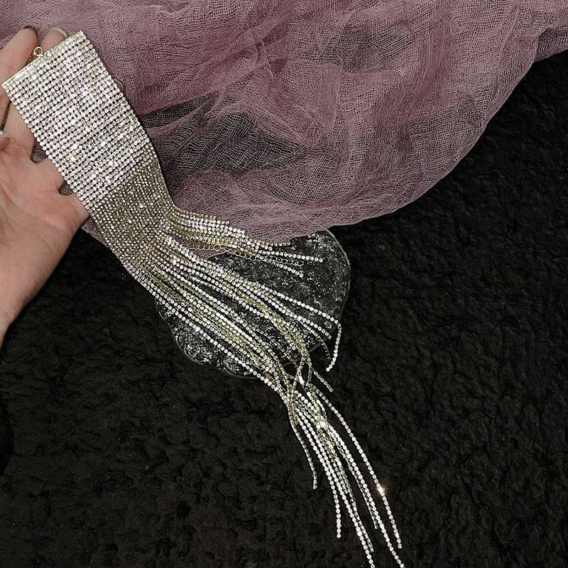 Exaggerated super flash bracelet wide side tassel bracelet 1pc full of diamonds fashion hundred temperament bracelet_voghion.com